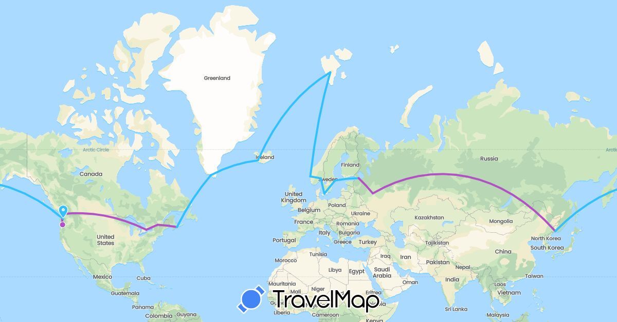 TravelMap itinerary: driving, train, boat in Canada, Denmark, Greenland, Iceland, Norway, Russia, Sweden, United States (Europe, North America)